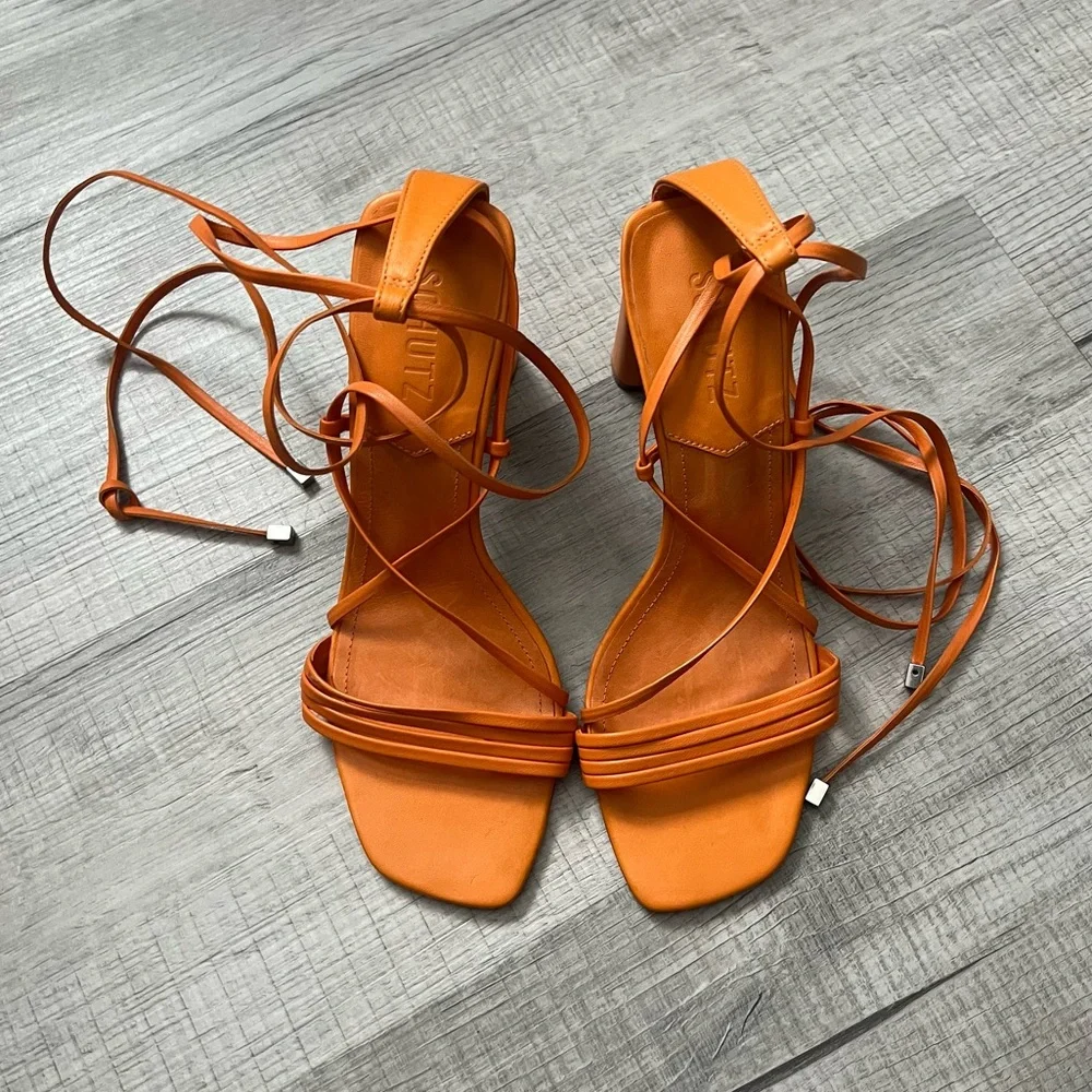 SCHUTZ Glenna Ankle Tie Sandal Bright Tangerine Orange Wrap Block Heel 8.5